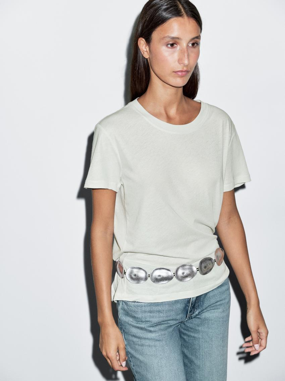 Massimo Dutti Футболка с короткими рукавами из 100% хлопка, водянисто-зеленый