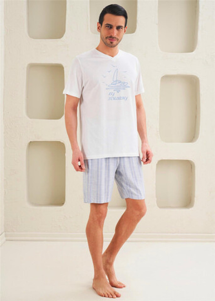 Мужская Пижама с Шортами - Базовый, спортивный стиль, V-образный вырез - Голубое море - 13237