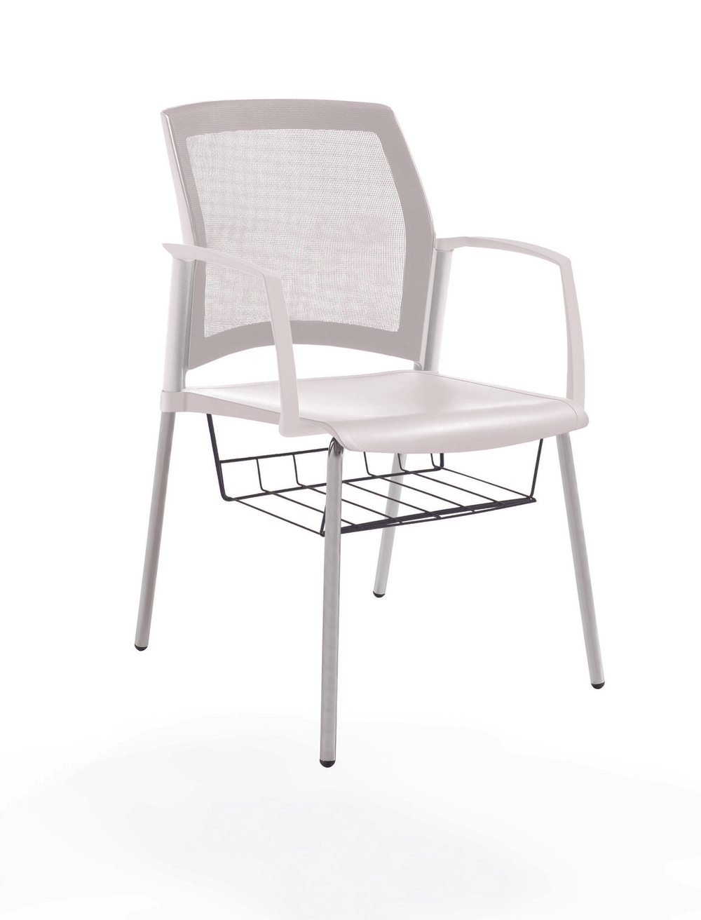 стул Rewind на 4 ногах, каркас серыйй, пластик белый, спинка-сетка, с закрытыми подлокотниками, с подседельной корзиной