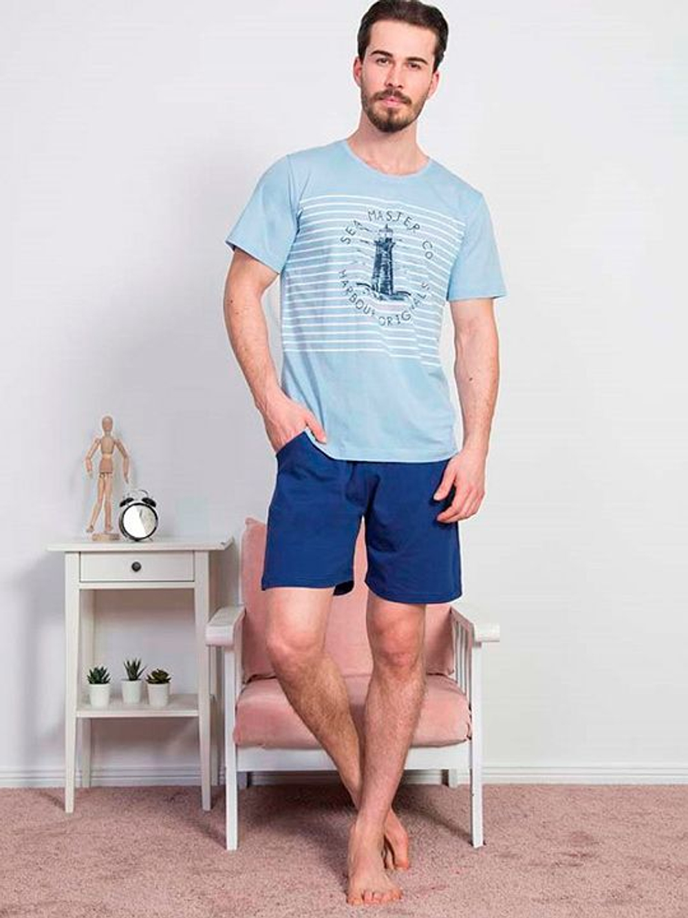 Мужской трикотажный комплект с принтом на груди (Размер: M) (Цвет: серый с синим)