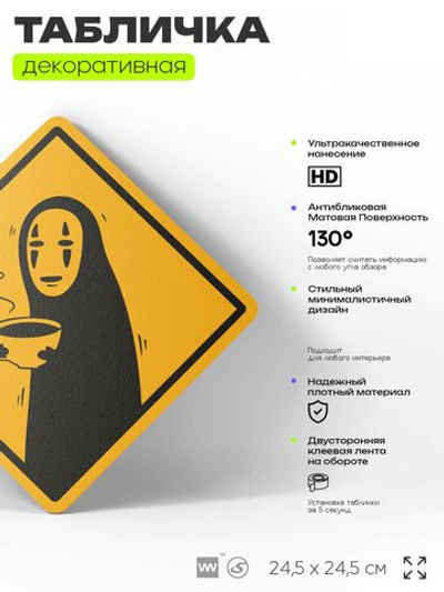 Табличка по аниме "Унесённые призраками, Безликий с кофе" на дверь и стену, прикольная штука в подарок анимешнику, декоративный знак, 24,5х24,5 см, Айдентика Технолоджи