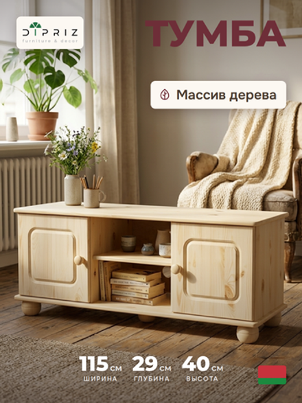 Тумба под телевизор, 115х29х40, Хаба, напольная, 2 двери, сосна, натуральный, Dipriz