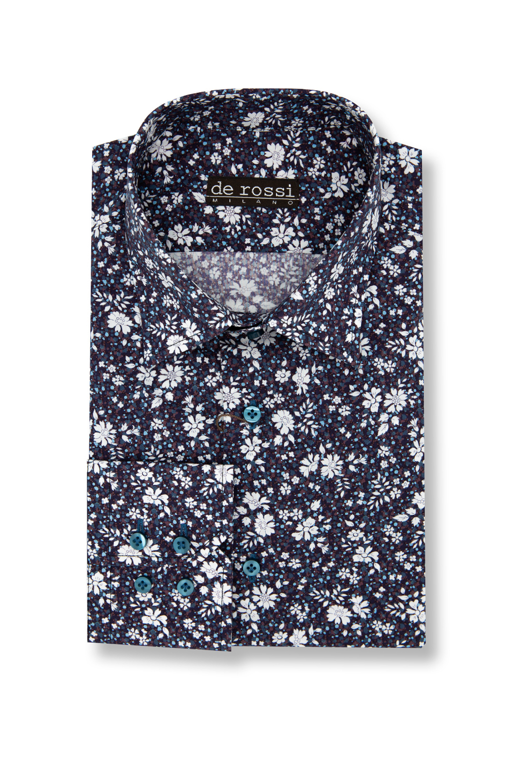 Коричневая рубашка с цветочным принтом и бирюзовыми пуговицами