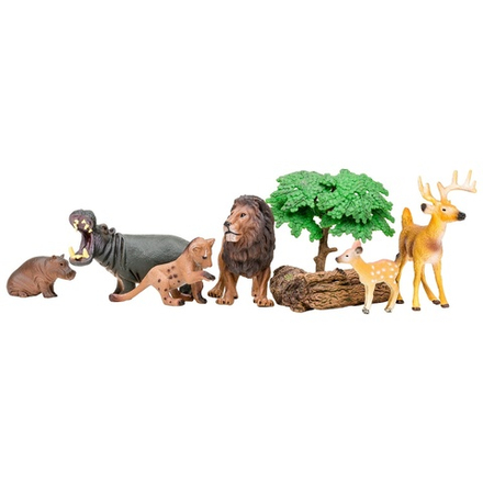 Набор фигурок животных серии "Мир диких животных": Лев с львенком, бегемот с бегемотиком, олень с олененком, дерево, камень, бревно