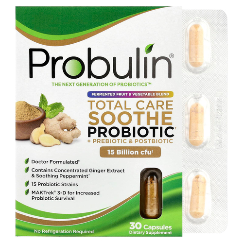 Probulin, Total Care, успокаивающий пробиотик, пребиотик и постбиотик, 30 капсул