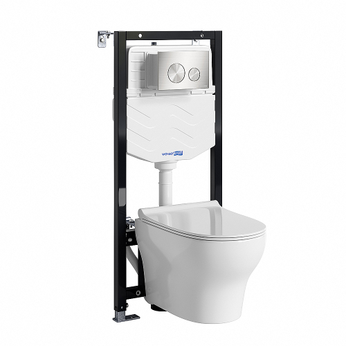 Унитаз подвесной WasserKRAFT Berkel 10TLT.010.ME.BN02.H001 безободковый, с инсталляцией Aller 10, с крышкой микролифт, белый/кнопка никель