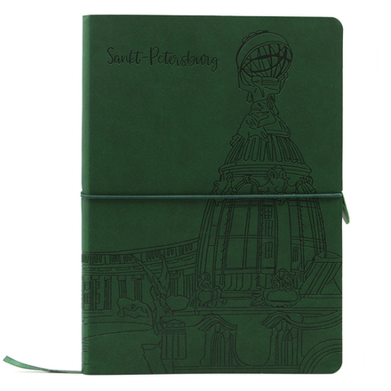 НОВИНКА! Блокнот "Питер. Дом Книги на Невском" в клетку А5 128 листов, гибкая обложка из экокожи (цвет темно-зелёный) с блинтовым тиснением рисунка по полю