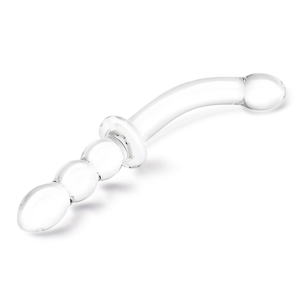 Изогнутый стеклянный фаллоимитатор 12’’ Girthy Ribbed G-Spot Glass Dildo With Handle Grip Double Ended - 30 см. (Цвет: прозрачный)