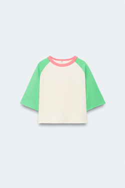 ZARA ФУТБОЛКА С КОНТРАСТНЫМ РУКАВОМ РЕГЛАН - LIMITED EDITION, ЗЕЛЕНЫЙ