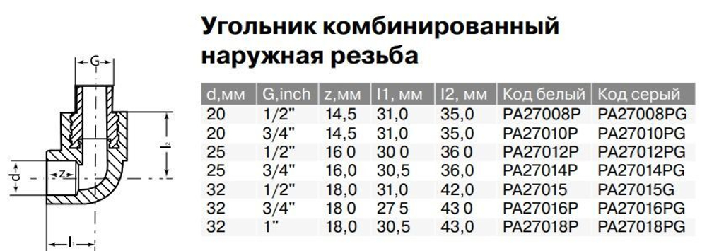 Угольник PPR комбинированный Ду20-32, наружная резьба, белый, Pro Aqua