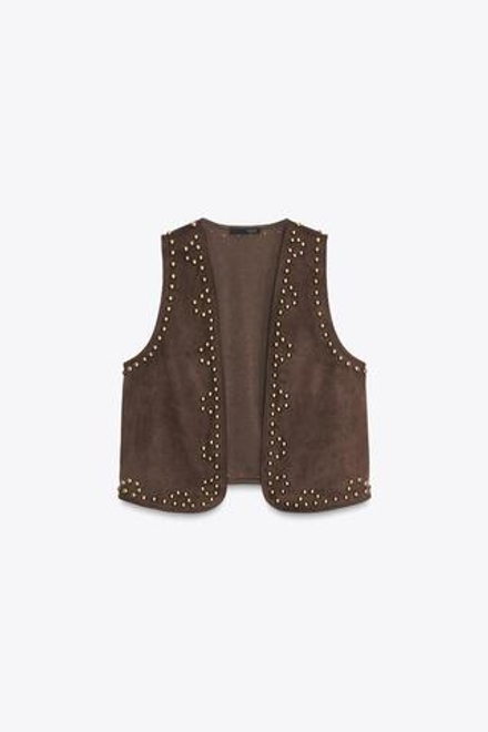 ZARA ЖИЛЕТ ИЗ ИСКУССТВЕННОЙ ЗАМШИ С ЗАКЛЕПКАМИ, ШОКОЛАДНЫЙ