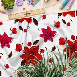 Ткань футер 2-х нитка красные цветочки и листочки