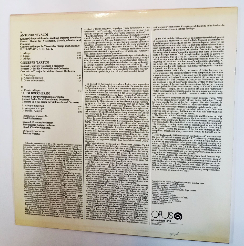 Винтажная виниловая пластинка LP Jozef Podhoransky, Slovak Chamber Orchestra Violoncello Concertos Vivaldi, Tartini, Boccherini Вивальди, Тартини, Бокерини (Чехослоавакия 1986)