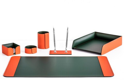 Настольный набор 6 предметов из кожи цвет оранж/зеленый №22