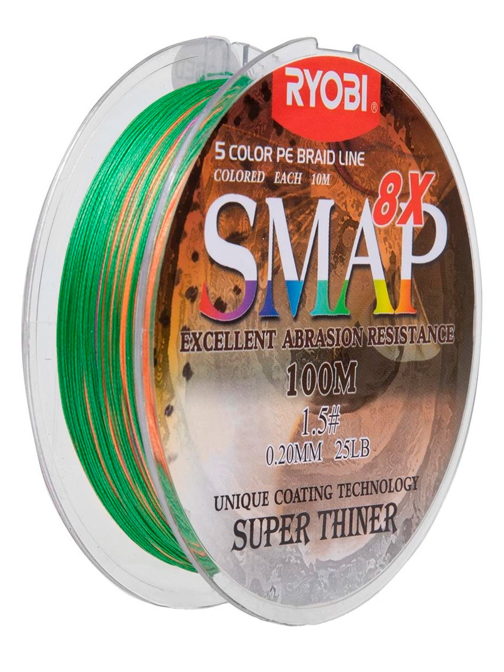 Шнур плетеный для рыбалки Ryobi SMAP PE8X-100M Multi Colour 6.0# 0,405мм