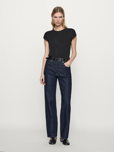 Massimo Dutti Джинсы прямого кроя с высокой посадкой и эффектом потертости, темно-серый