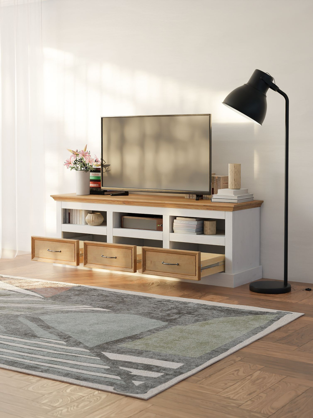 Тумба под телевизор Landhouse 3 ящика из сосны, белый воск/бейц