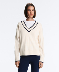 Oysho Вязаный свитер с V-образным вырезом и контрастом, светлый экрю