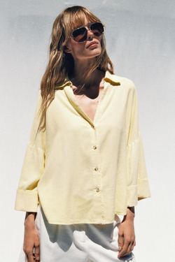 ZARA РУБАШКА ИЗ СМЕСОВОГО ЛЬНА С ШИРОКИМИ РУКАВАМИ, ЖЕЛТЫЙ