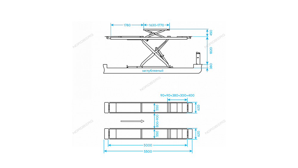 Подъемник ножничный для сход-развала 5,5 т, 380 В, 2 уровня, синий NORDBERG N635-5,5B_380_H