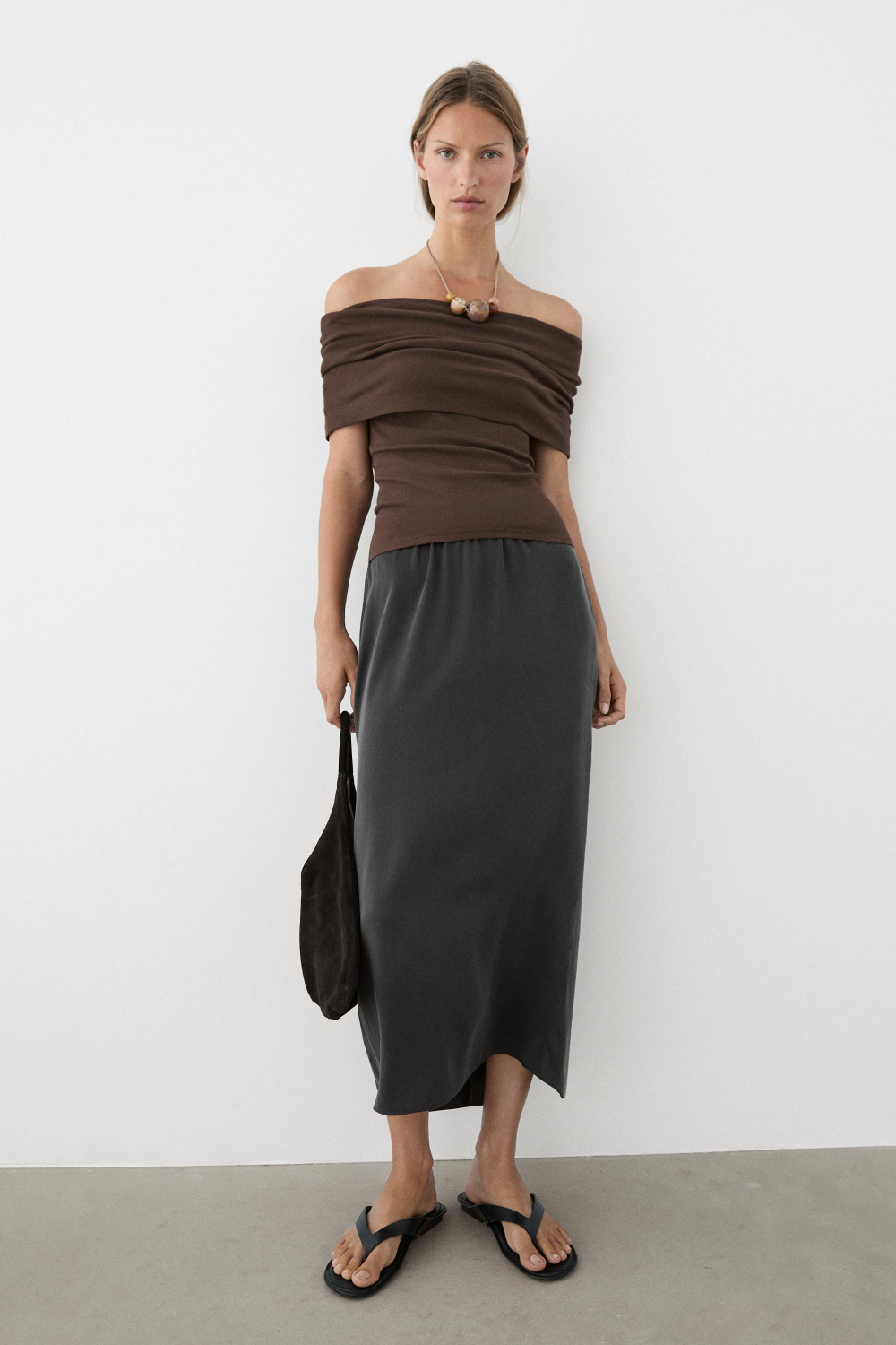 Massimo Dutti Хлопковый топ с открытыми плечами, коричневый