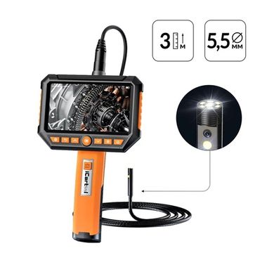 Видеоэндоскоп промышленный, экран 5", 2 камеры, 2Мп, 1920х1080, 3м, 5.5 мм сменный зонд iCartool IC-V116B-3