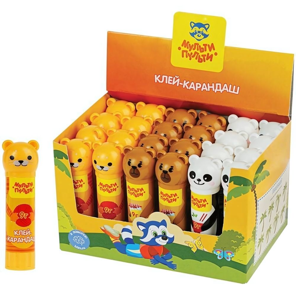 Клей-карандаш 9гр. &quot;Зверята: Кот, Мишка, Панда&quot; (Мульти-Пульти)