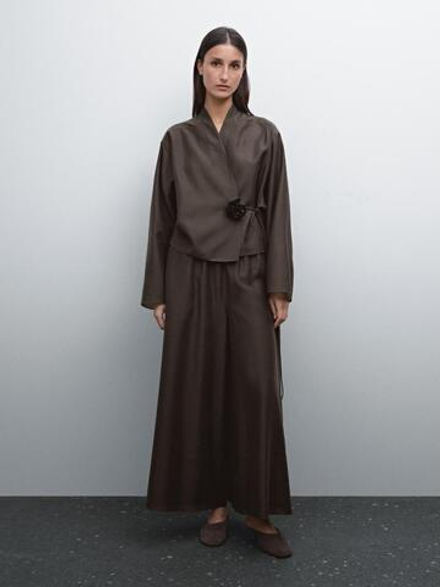 Massimo Dutti Брюки из поплина с эластичным поясом, серовато-коричневый