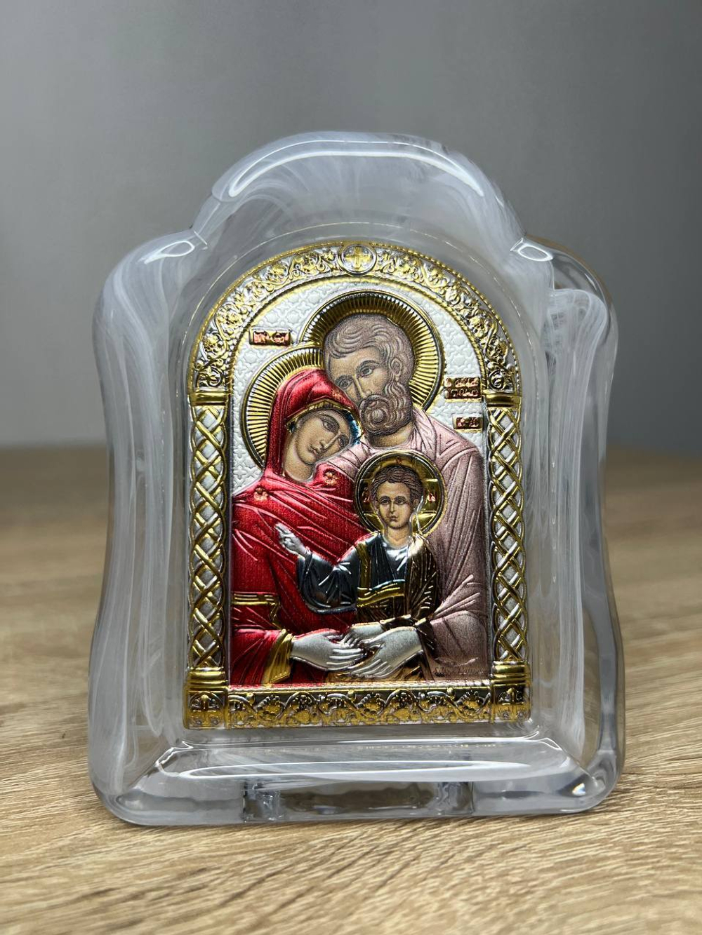 Св. Семейство, икона арочная, белое муранское стекло, эмаль 86х112