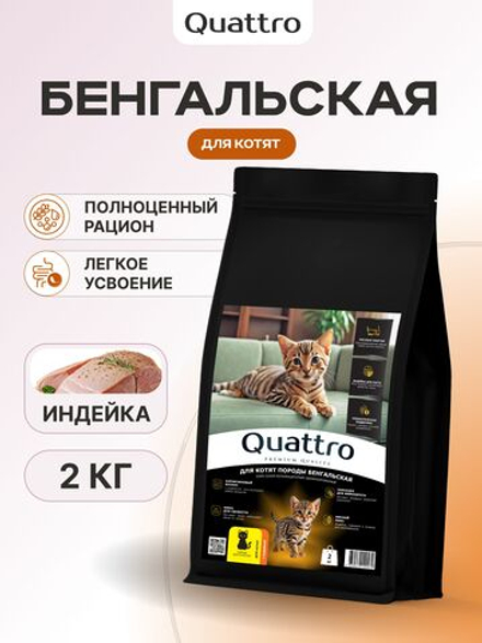 Корм сухой для котят породы Бенгальская, с индейкой, 2кг, QUATTRO