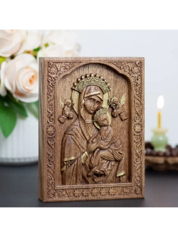 Неустанной Помощи икона Божией Матери деревянная, ясень 02