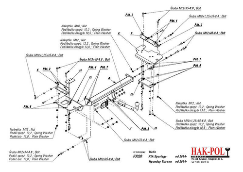 Фаркоп IMIOLA K.020 Hyundai Tucson 2004-2010, Kia Sportage 2004-2010(паспорт и сертификат в комплекте)(без электрики)