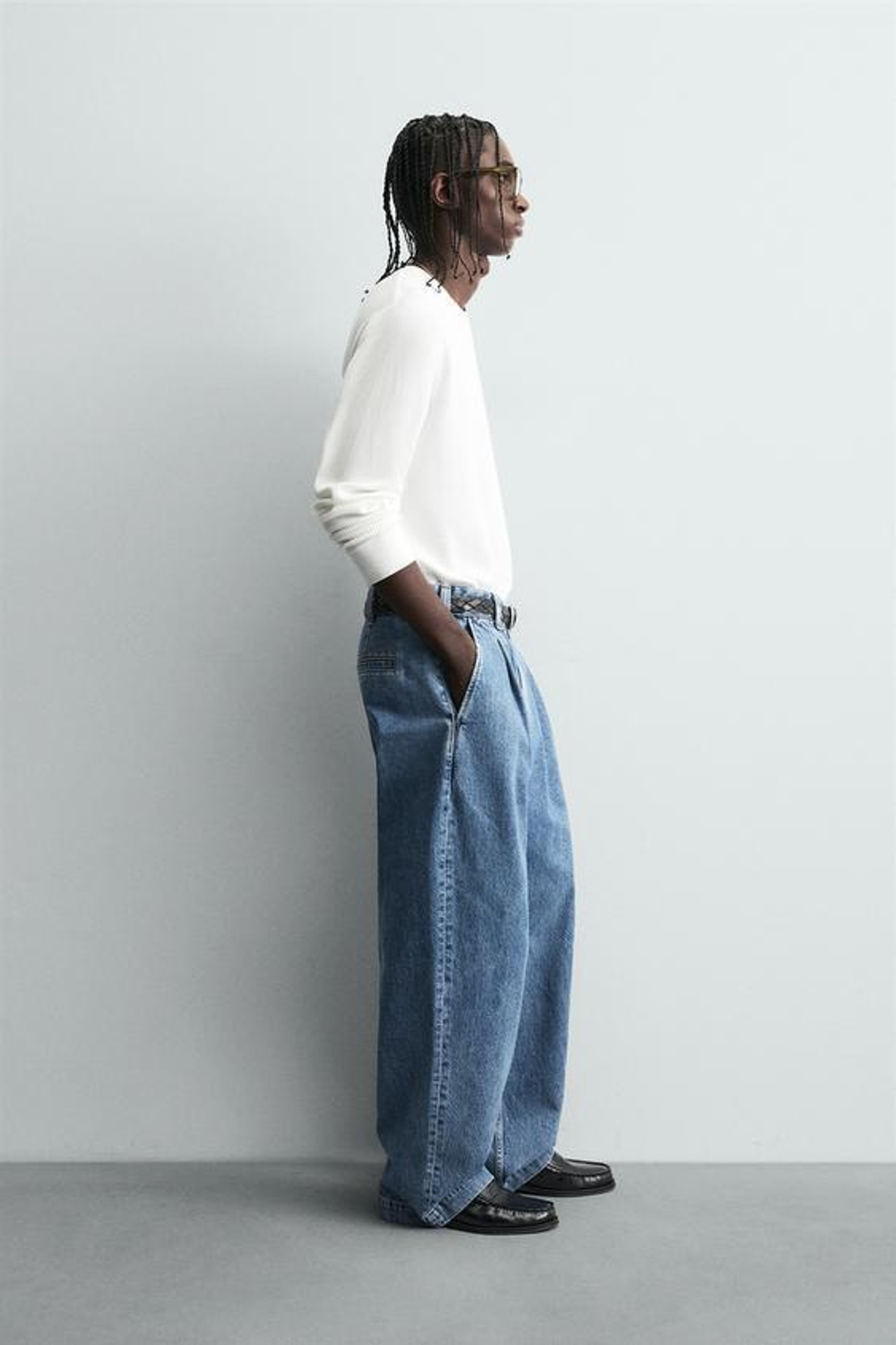 ZARA ДЖИНСЫ WIDE-LEG С ЗАЩИПАМИ, ГОЛУБОЙ