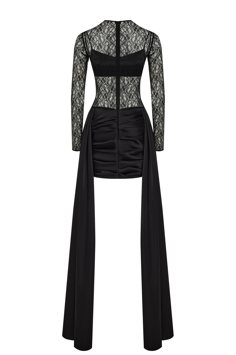 Платье мини из атласа и кружева со шлейфом с закрытым лифом