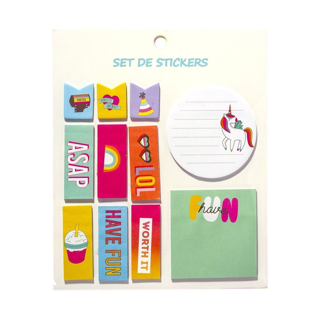 Набор блоков для записей с клеевым краем, Alingar, 2 шт-60*60 мм, 6 шт-20*50 мм, 3 шт-20*25 мм, по 20 л., &quot;Неон на белом&quot;(единорог,надписи),европодвес