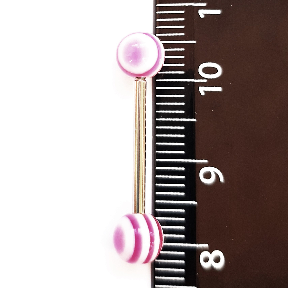 Штанга 16 мм с акриловыми цветными шариками 6 мм (диски белый, фиолетовый) для пирсинга языка. Медицинская сталь. 1 шт