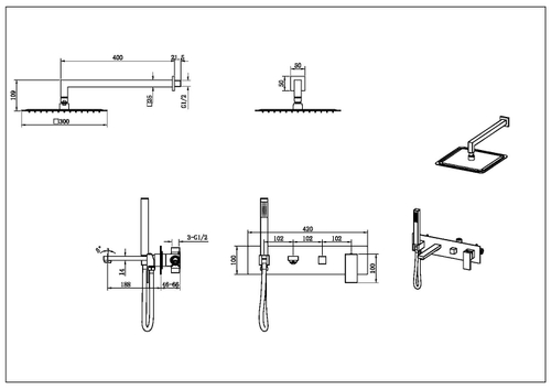 Boheme Смеситель встроенный + верхний+ ручной душ Qubic Shine Gold