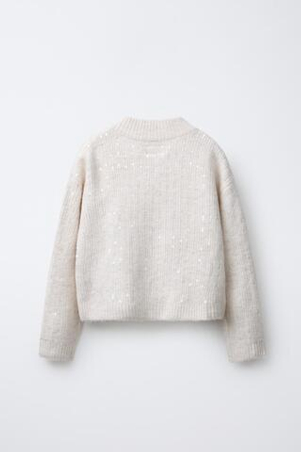 ZARA ВЯЗАНЫЙ СВИТЕР С ПАЙЕТКАМИ, ЭКРЮ