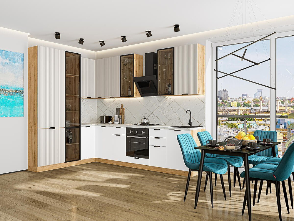 Прямая модульная кухня Евро Лайн-07 Агат/Белый - Дуб Вотан 2340*2000/3000*600