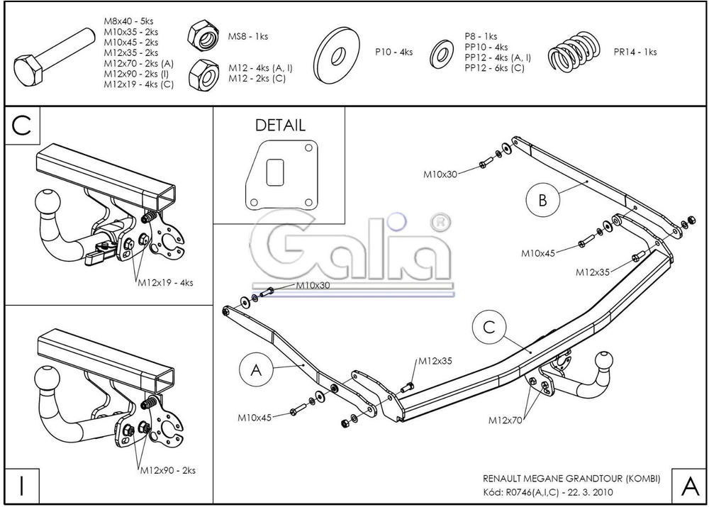 Фаркоп оцинкованный Galia R074A для Renault Megane II 2003-2008 (classic) седан/универсал, Megane III универсал 2008-(паспорт и сертификат в комплекте)(без электрики)