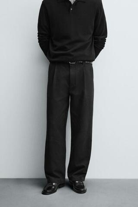 ZARA БРЮКИ СО СКЛАДКАМИ ИЗ ХЛОПКА И ЛИОЦЕЛЛА, УГОЛЬНЫЙ