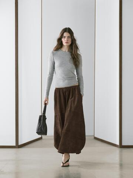 Massimo Dutti Замшевая кожаная юбка миди, коричневый