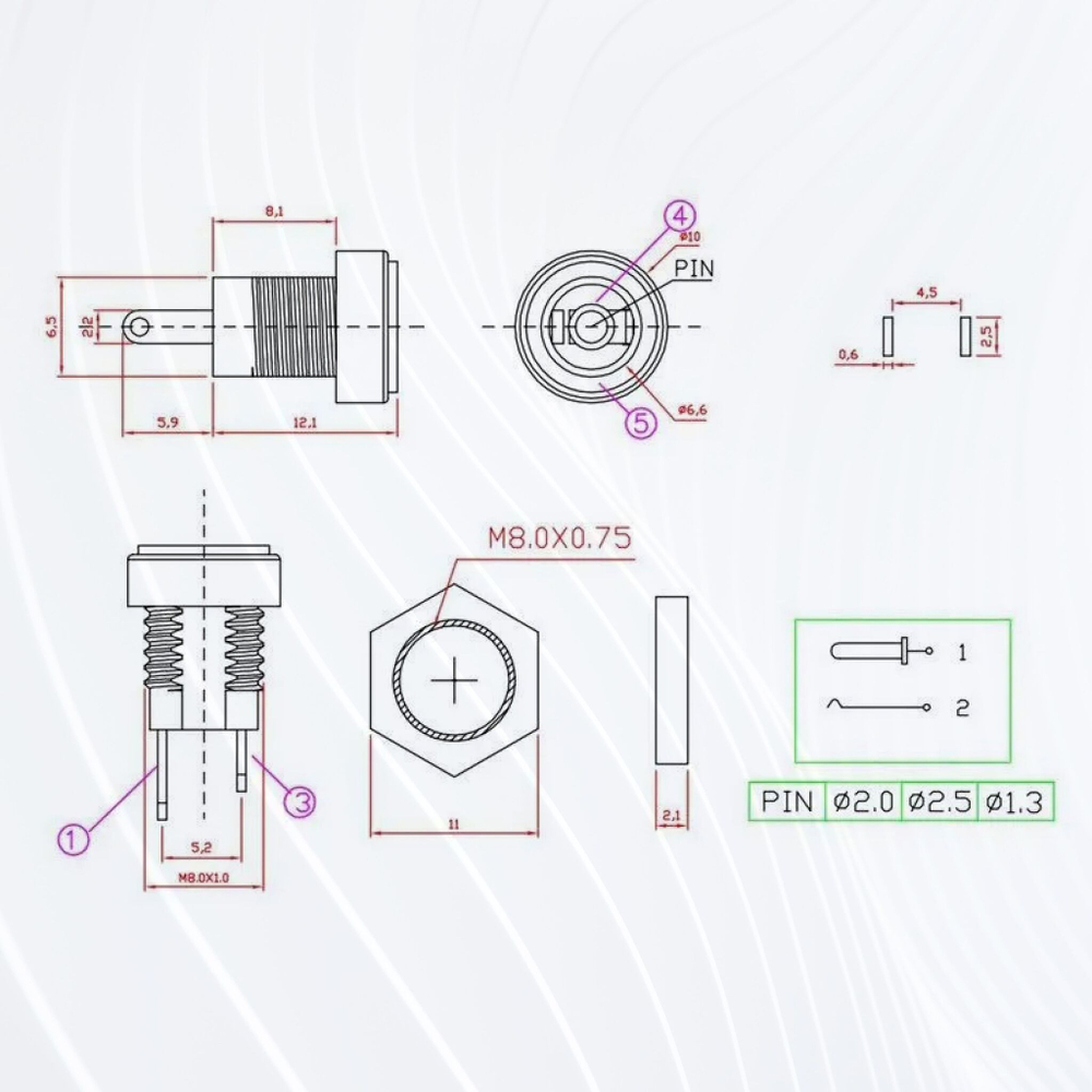 Гнездо DC-022B для монтажа на корпус 5.5x2.5 мм