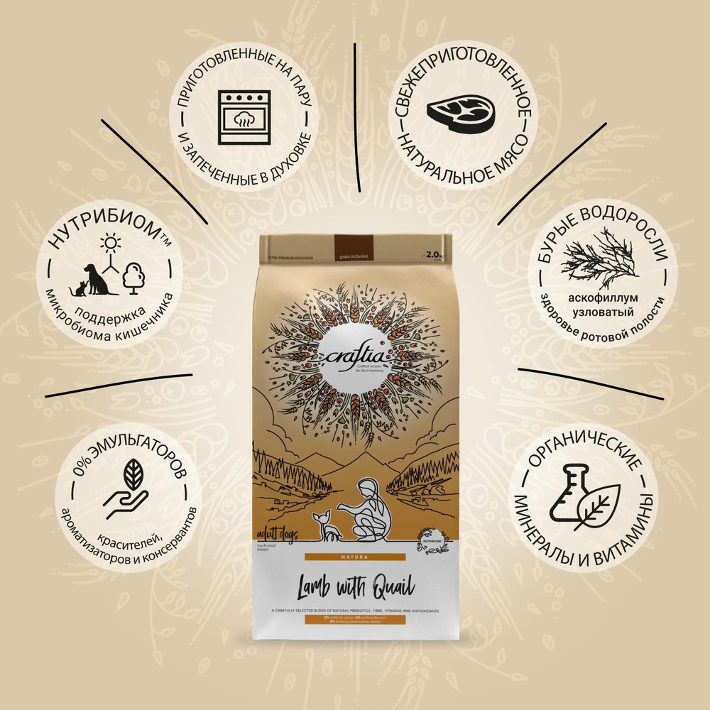 Корм для собак Craftia Natura, 2 кг, ягненок с перепелкой