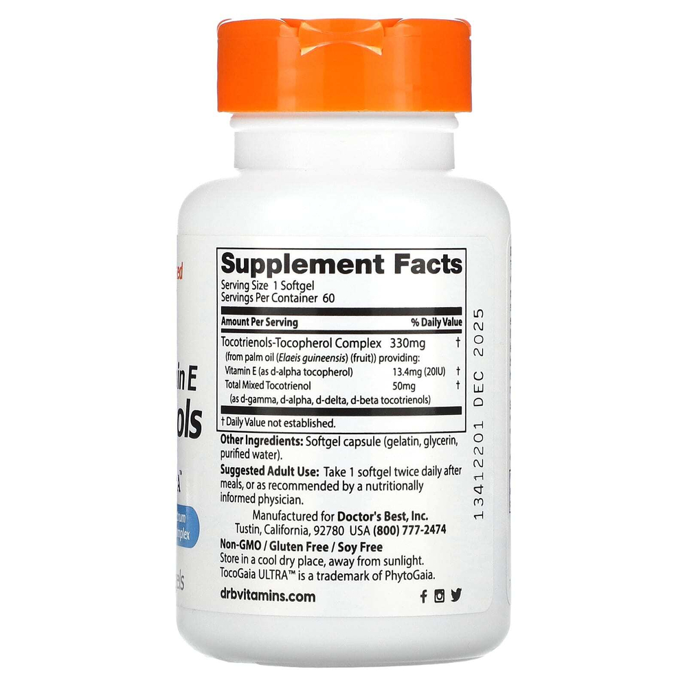 Doctor's Best, токотриенолы с витамином E с TocoGaia Ultra, 50 мг, 60 капсул