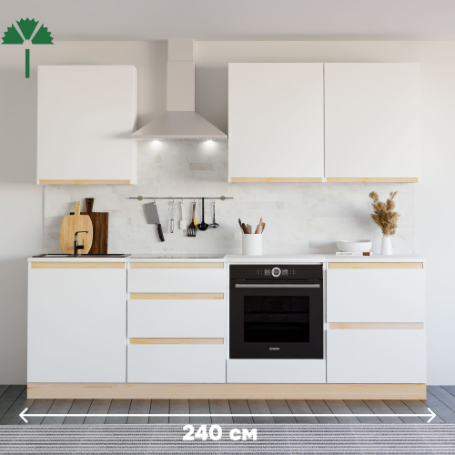 Кухня Виола 240 см со столешницей (7 модулей) / белый ЛДСП, массив сосны