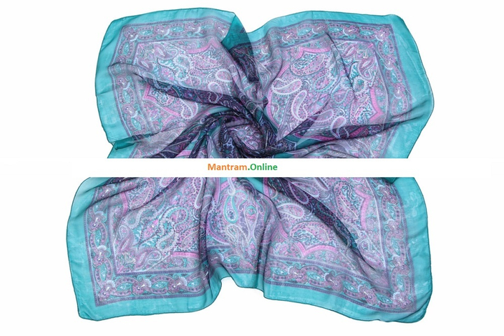 Платок материал Шелк 100% Плотный узор цвет голубой розовый темно-синий с зеленой каймой 100x100см.