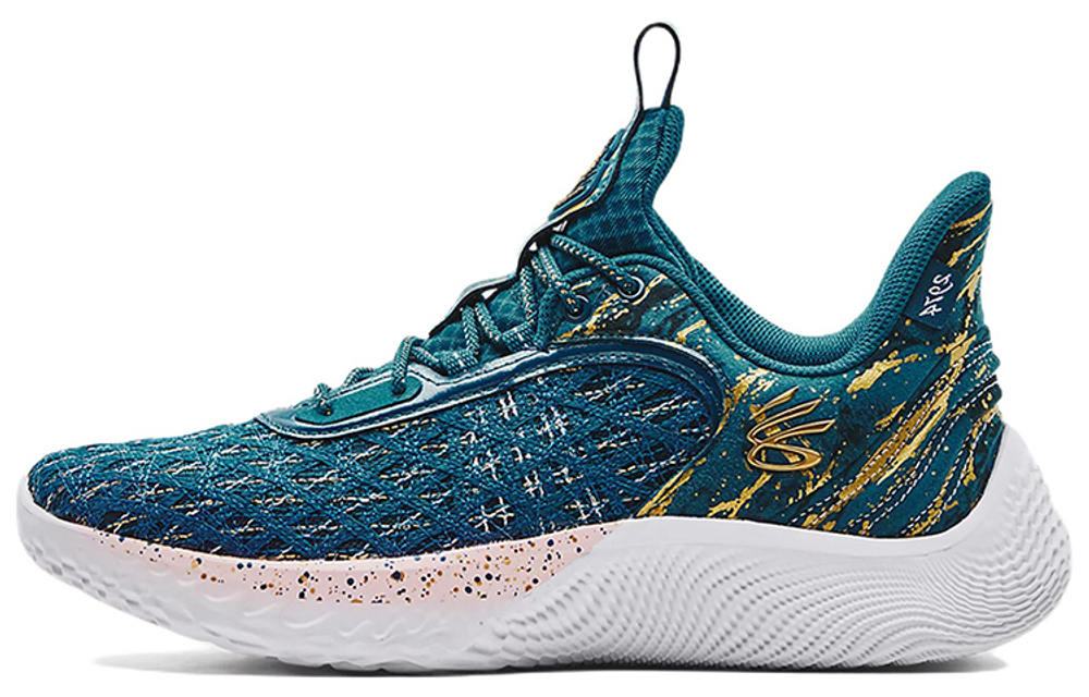 Under Armour Curry 9 Flow "2974 3PT Record" round head lace-up shock absorption, non-slip, impact-resistant low-cut actual combat basketball shoes men's blue