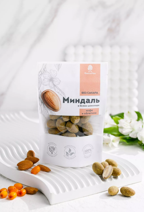 Миндаль в белом шоколаде без сахара с Кофе и Облепихой / 60 г / дой-пак / ТМ Сибирский кедр
