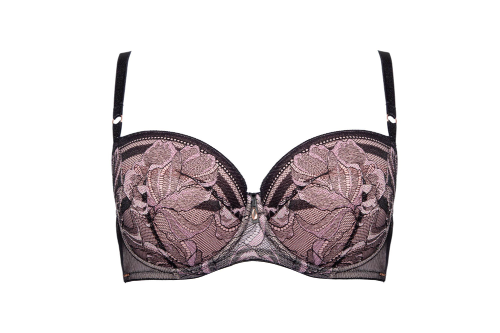 Бюстгальтер Glossy Iris с чашками на тонком поролоне и эффектом мерцания (Размер: 90D) (Цвет: черный с розовым)